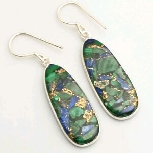 Copper Lapis Lazuli Malachite Gemstone 925 Sterling Silver Dangle Earrings